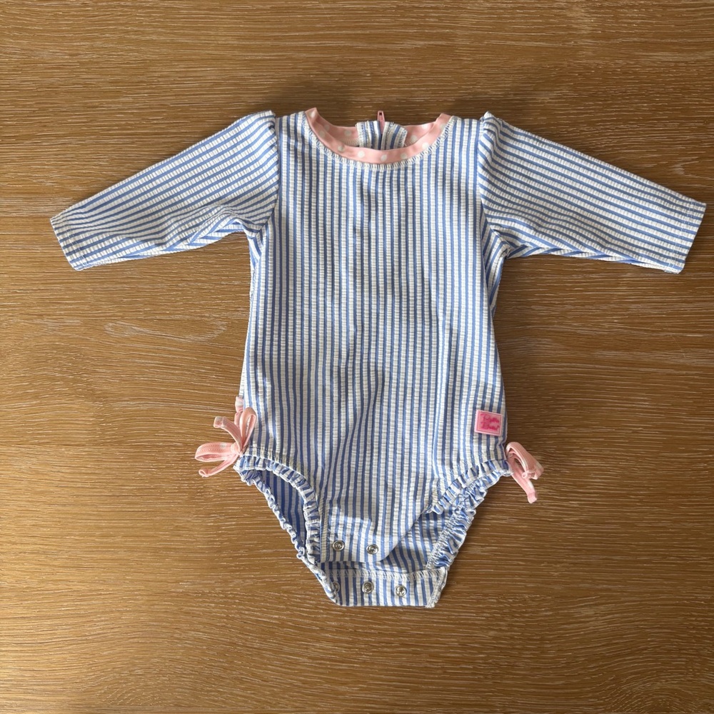 Ruffle Butts Blue and White Striped Kids Swim One Piece